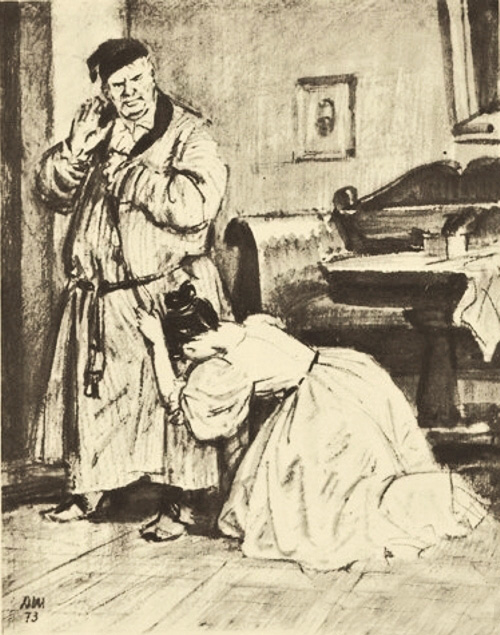 Илюстрация к роману "Дубровский". Мария умоляет отца не отдавать ее замуж за князя Верейского.