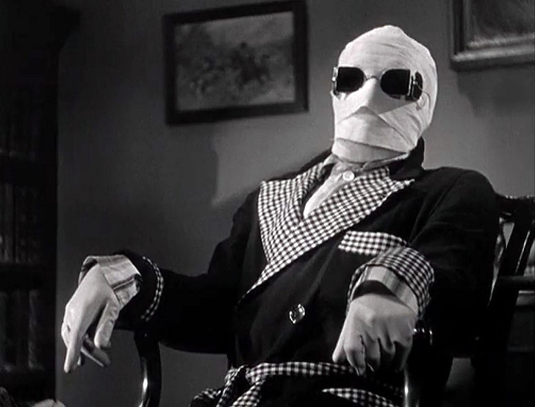 Уилльям Клод Рейнс в роли Гриффина в фильме «Человек-невидимка», 1933 г., режиссёр Джеймс Уэйл