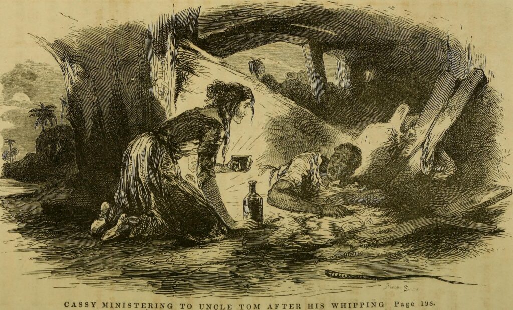 Касси помогает дяде Тому после его избиения Легри. Полностраничная иллюстрация Хэмматта Биллингса к первому изданию «Хижины дяди Тома» (1852)
