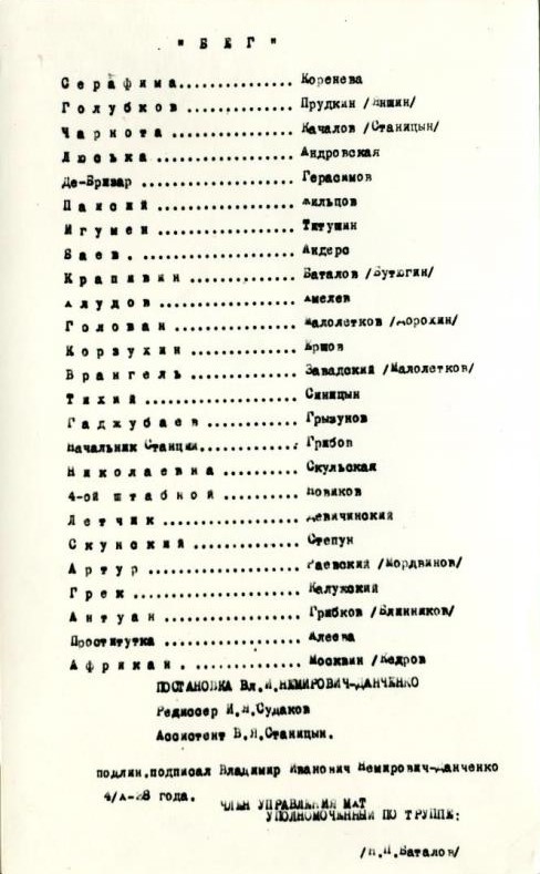 Распределение ролей для неосуществлённой постановки пьесы «Бег» в МХАТ, 1928 год