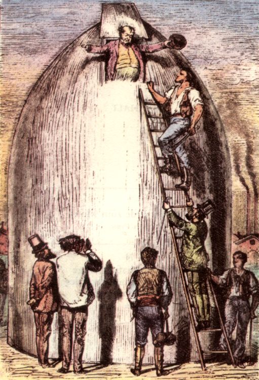 Подготовка «Вагон-снаряда». Иллюстрация к изданию романа «С Земли на Луну прямым путём за 97 часов 20 минут» 1872 года