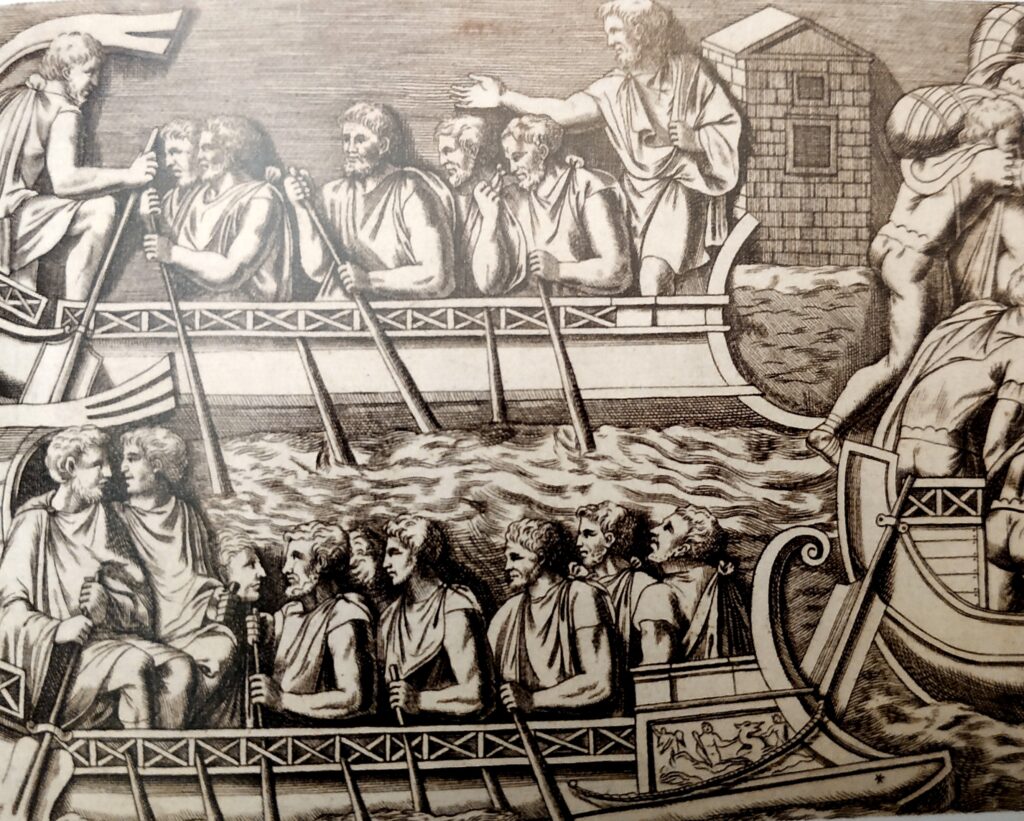 Гравюра на основе римского барельефа, изображающая биремы - суда, одинаково любимые как пиратами, так и охотниками на них