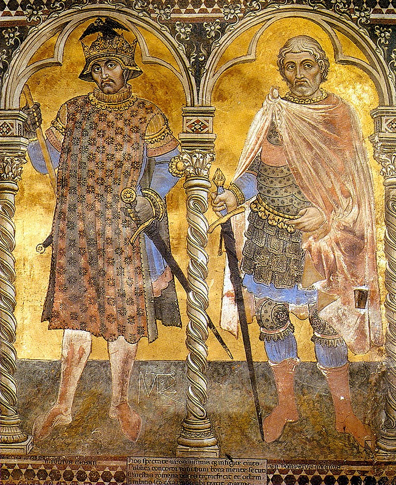 Цезарь (слева) и Помпей (справа). Фреска Таддео ди Бартоло (начало XV века).