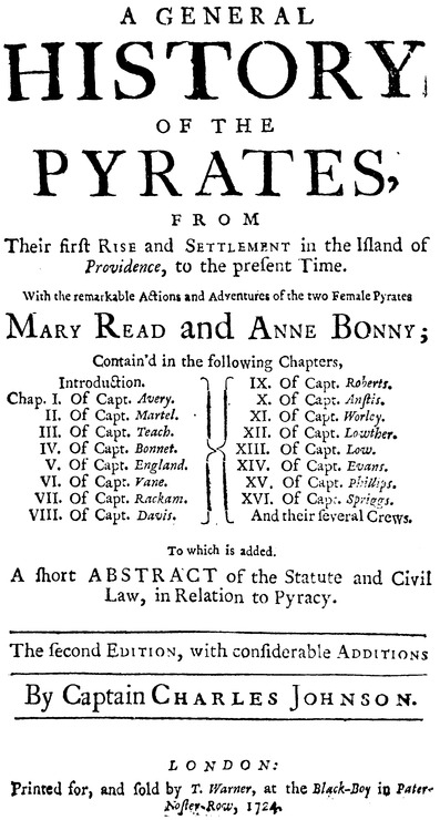 Титульная страница «Всеобщей истории пиратов» (1724 г.) капитана Чарльза Джонсона (том 1).