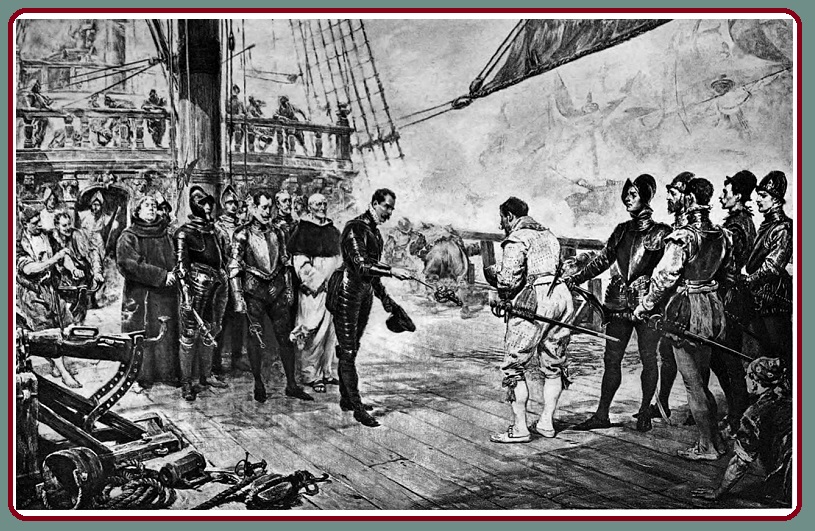Фрэнсис Дрейк принимает капитуляцию адмирала Педро де Вальдеса на испанском галеоне Nuestra Señora del Rosario