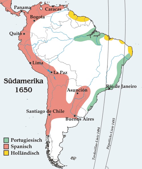 Южная Америка в 1650 году. Обозначена демаркационная линия между испанскими и португальскими владениями. Наглядно показано, что Голландия игнорирует договор и размещает колонии как на «испанских», так и на «португальских» землях