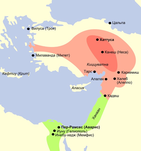 Хеттское царство (выделено красным) в период противостояния с Египтом (зелёный), начало XIII века до н. э.