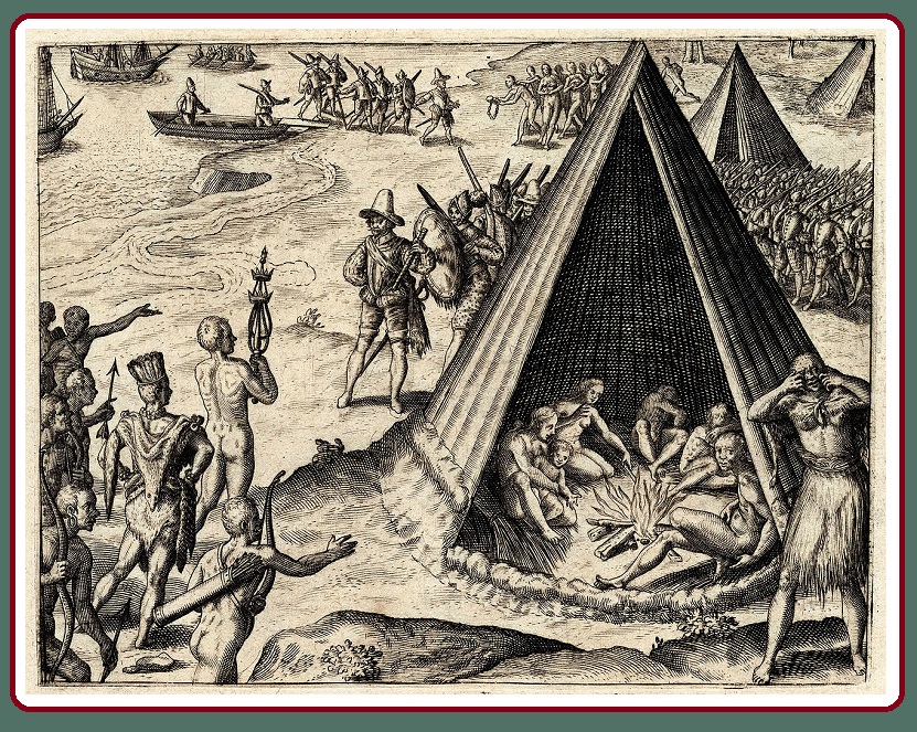 Прибытие Фрэнсиса Дрейка в Калифорнию. Гравюра, опубликованная Теодором де Бри в 1590 году