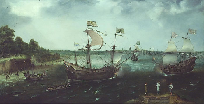 Нападение английского приватира на голландцев, 1616 г. Примечательно, насколько он меньше своих жертв. Художник Корнелис Клас ван Виринген