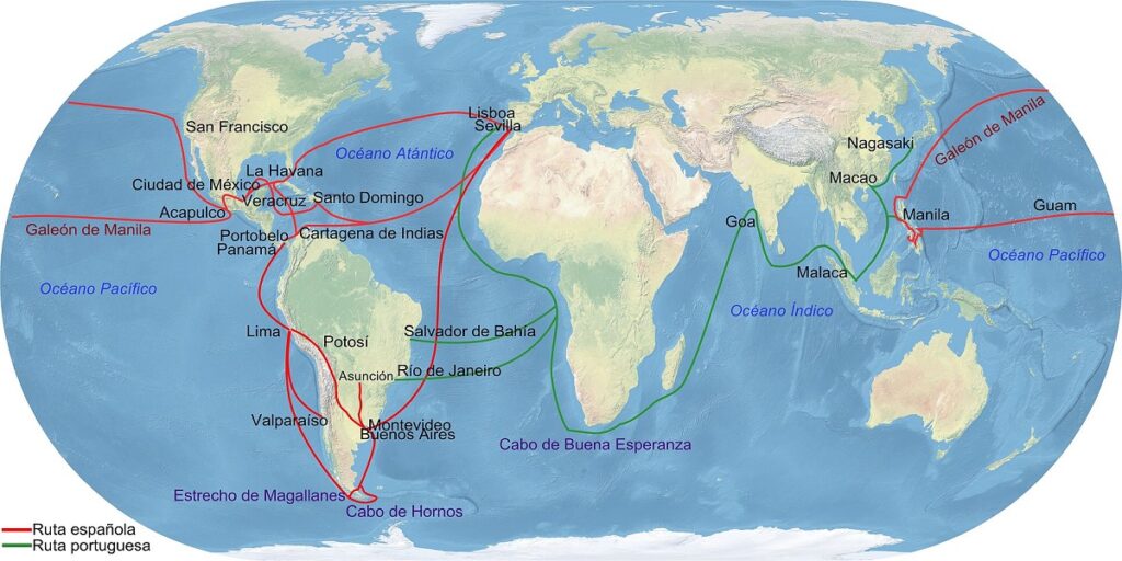 Основные торговые пути Испанской империи. Красным выделена испанская, а зелёным португальская сфера влияния.