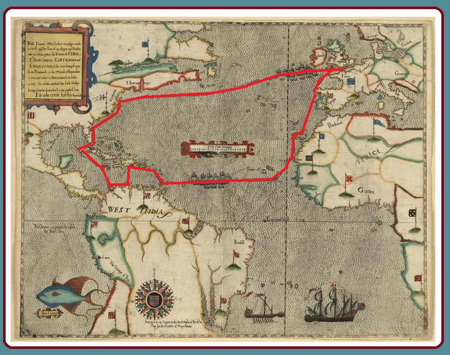 Карта Великой экспедиции Фрэнсиса Дрейка 1585 года авторства Джованни Батисты Боацио