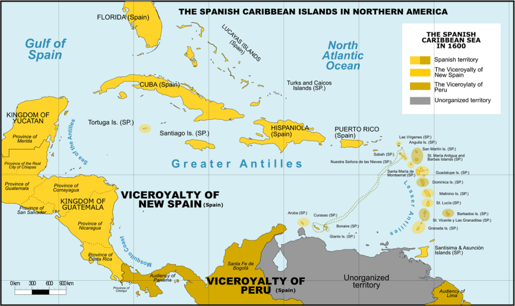 Испанский Мэйн: Владения Испанской империи в Карибском море на 1600 год. Территория будущего Испанского Мэйна — внизу.
