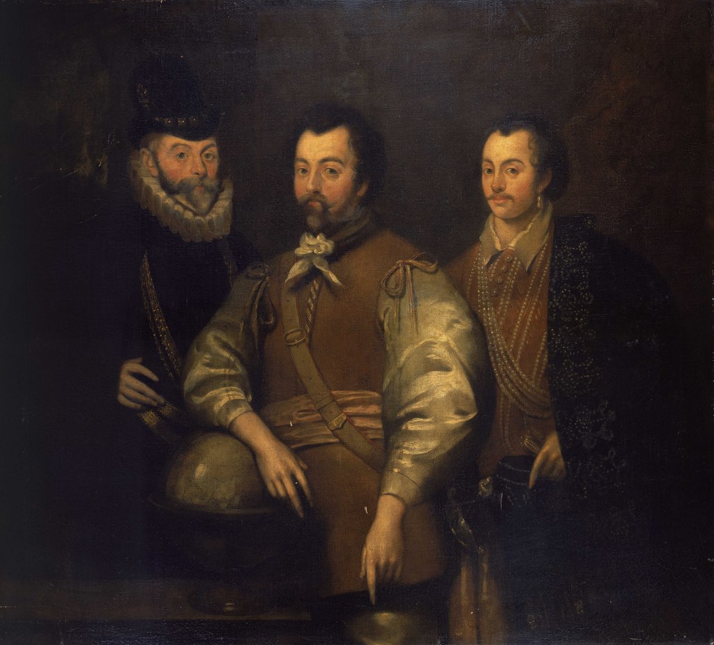 Сэр Джон Хокинс (слева), сэр Фрэнсис Дрейк (в центре) и сэр Томас Кавендиш