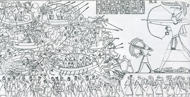 Сражение войска Рамсеса III с «Народами моря» в Дельте. Прорисовка барельефа из Мединет-Абу
