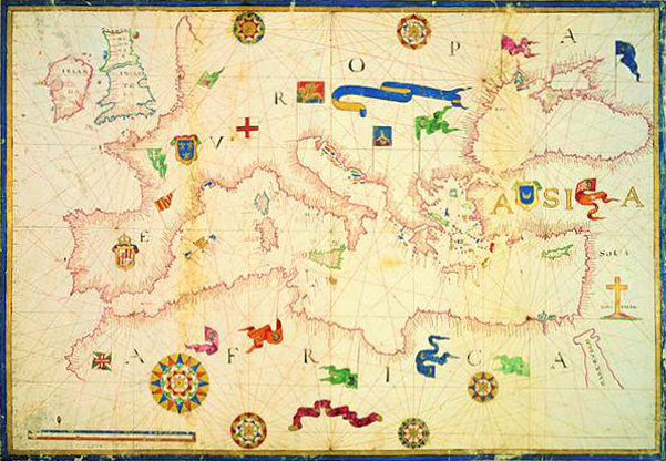 Средиземноморский бассейн, из атласа рукописи 1582-1584 годов. Центральная национальная библиотека Витторио Эмануэля II в Риме.