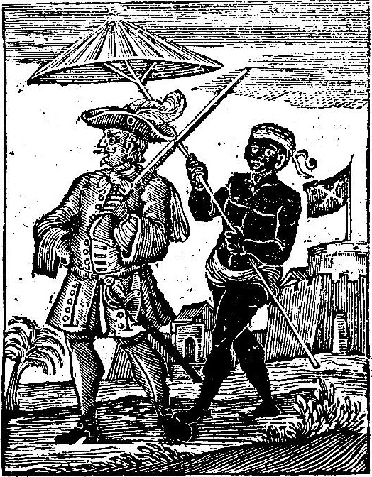 Генри Эвери, сопровождаемый рабом. Гравюра XVIII века