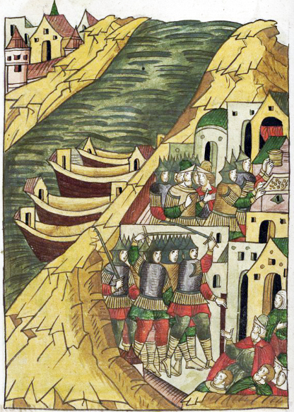 Лицевой летописный свод. Ушкуйники захватывают Кострому (1375 год),