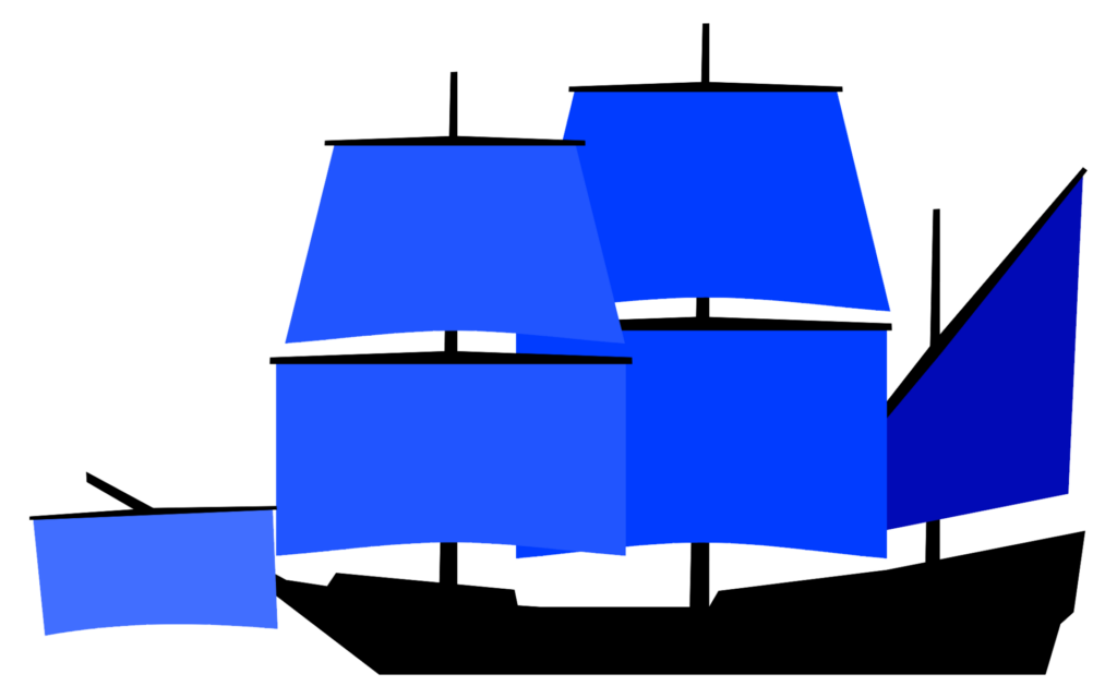 Трехмачтовое судно с квадратной оснасткой на фок-мачте и грот-мачте и боковой оснасткой на бизань-мачте