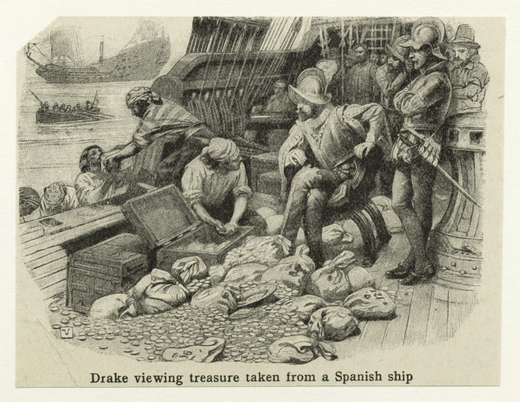Капер Фрэнсис Дрейк осматривает сокровища, взятые с испанского судна. Рисунок предоставлен Нью-Йоркской публичной библиотекой 