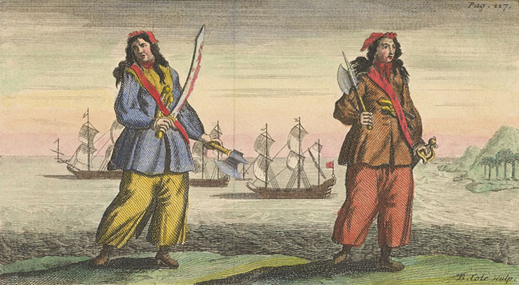Женщина-пират Энн Бонни и Женщина-пират Мэри Рид, из книги капитана Чарльза Джонсона «Всеобщая история грабежей и смертоубийств, учинённых самыми знаменитыми пиратами» (Лондон, 1724)