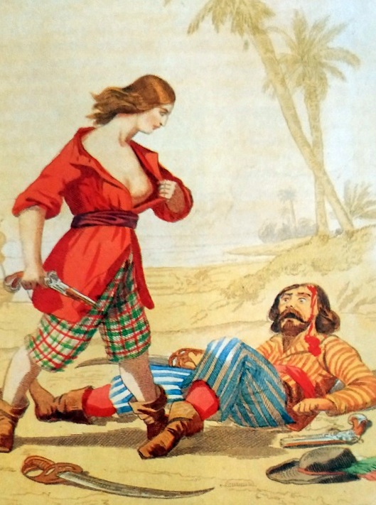 Женщина-пират Энн Бонни наглядно доказывает поверженному врагу, что его победила женщина