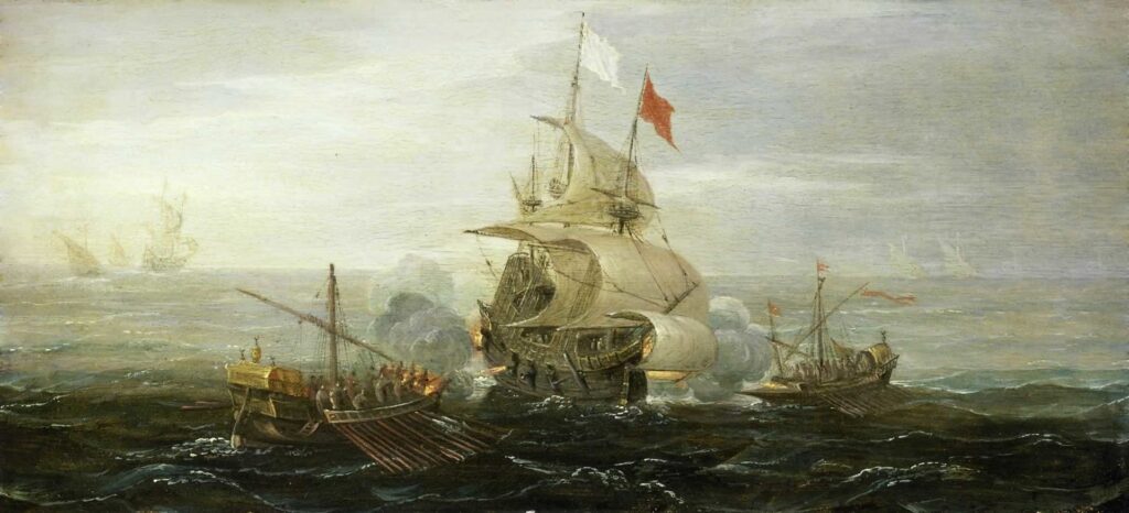 Атака французского корабля берберскими пиратами. Художник Аарт ван Антум (1615)