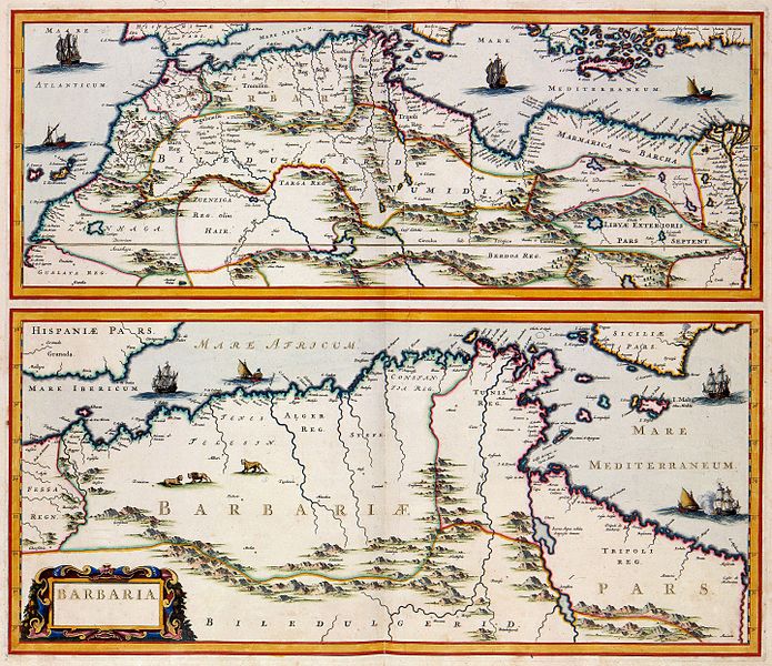 Берберийские пираты.  Яна Янссониуса изображает побережье Северной Африки, область, известную в 17 веке как Барбария, около 1650 года