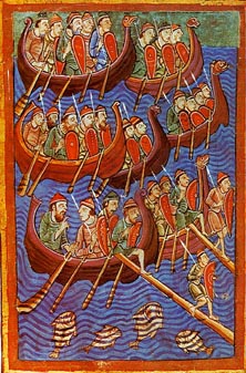 Датчане вторгаются в Англию. Миниатюра из жития святого Эдмунда, XII век