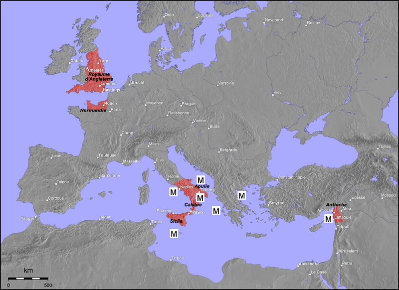 Пираты Средиземноморья.Европа с владениями норманнов 12-го века, выделенными цветом и M, обозначающими места действия Маргарит из Бриндизи