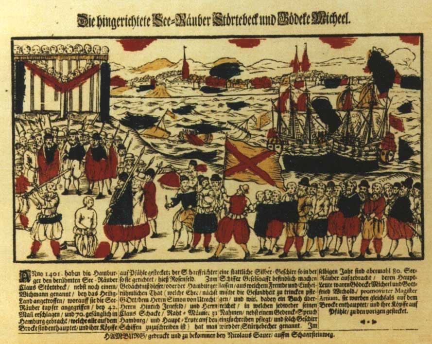 Балтийские пираты. Казнь виталийских братьев в Гамбурге. Лубок 1701 г.