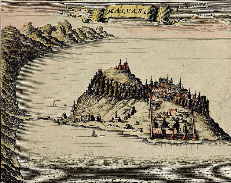 Пираты Средиземноморья. Вид венецианской крепости Монемвасия. Гравюра Коронелли. 1686 год