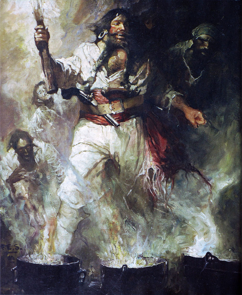 Чёрная Борода в дыму и пламени, художник Фрэнк Шуновер, 1922 г.