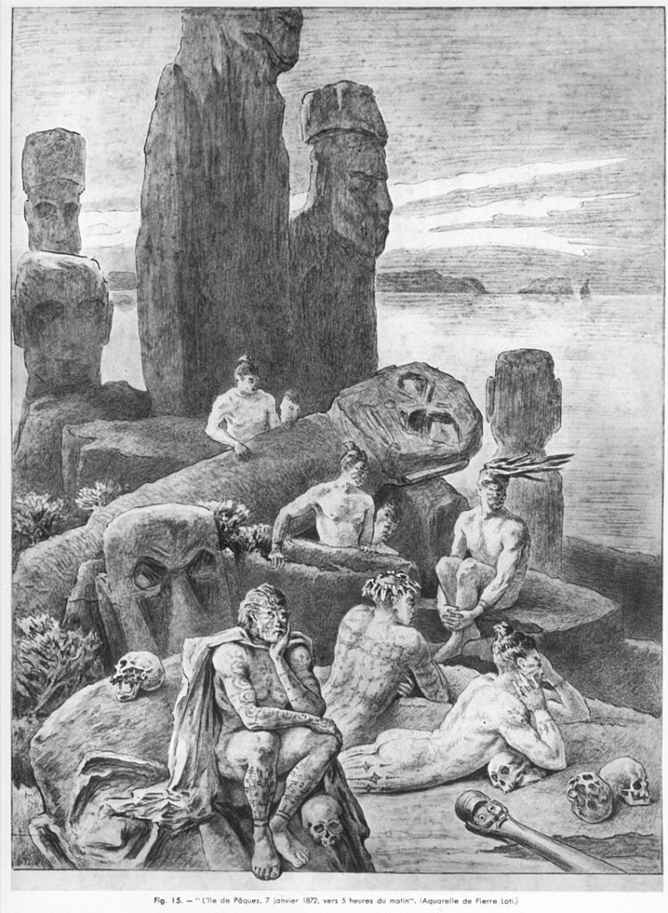 Акварельный рисунок, сделанный Пьером Лоти и посвящённый мисс Саре Бернар. Рисунок имеет надпись «Остров Пасхи 7 января 1872 года в примерно 5 часов утра: островитяне наблюдают за моим приплытием». На острове изображены моаи, черепа, уа (рапануйские дубины), а также сами рапануйцы