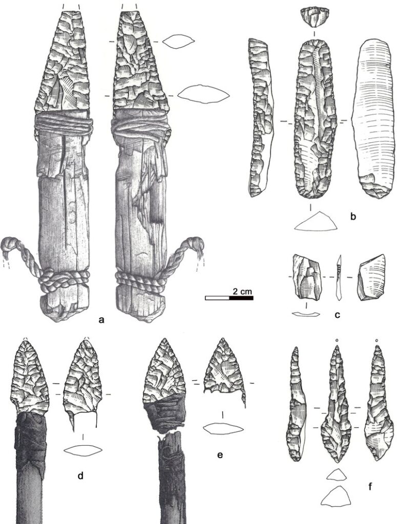 Первобытный человек. Некоторые из найденных при Этци предметов — нож, скребок, сверло, два наконечника для стрел, небольшой отщеп
