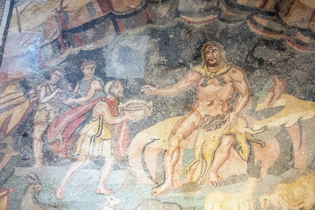 Одиссей и Полифем. Римская мозаика из Вилла дель-Касале близ Пьяцца-Армерина (Сицилия), IV век н. э.