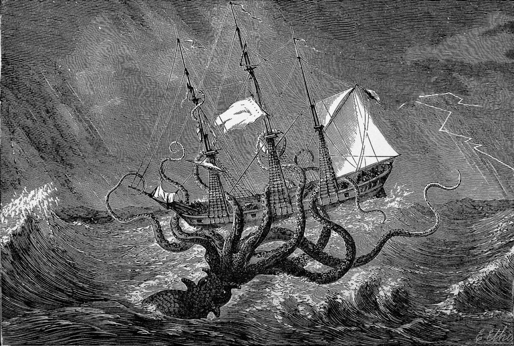 Гигантский кальмар атакует корабль. Гравюра из книги Эдгара Этерингтона «Морские чудовища: Легенды и факты» (1887)