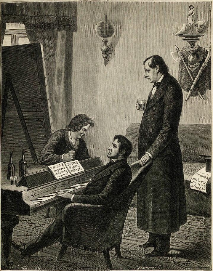 К. Брюллов, М. Глинка и Н. Кукольник. Гравюра с рисунка П. А. Каратыгина, сделанного с натуры в 1842 году