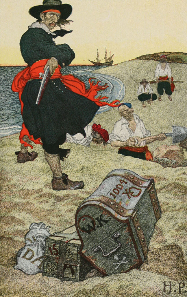 Пиратский клад: Капитан Кидд контролирует захоронение сокровищ. иллюстрация из «Книги Говарда Пайла о пиратах»)