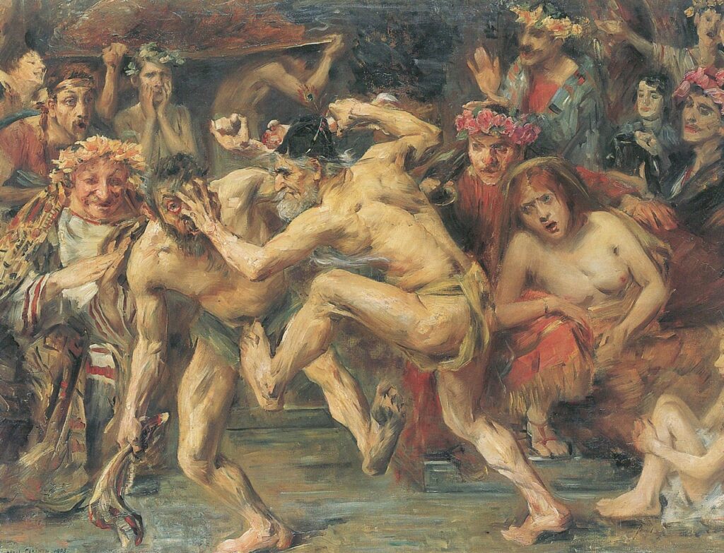 «Одиссея». Песнь восемнадцатая. Одиссей борется с Иром. Картина Ловиса Коринта, 1903 год