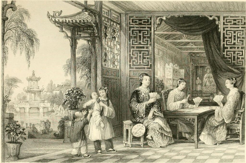 Китай. Дамы из семьи мандарина играют в карты. Рисунок Томаса Аллома (1843).