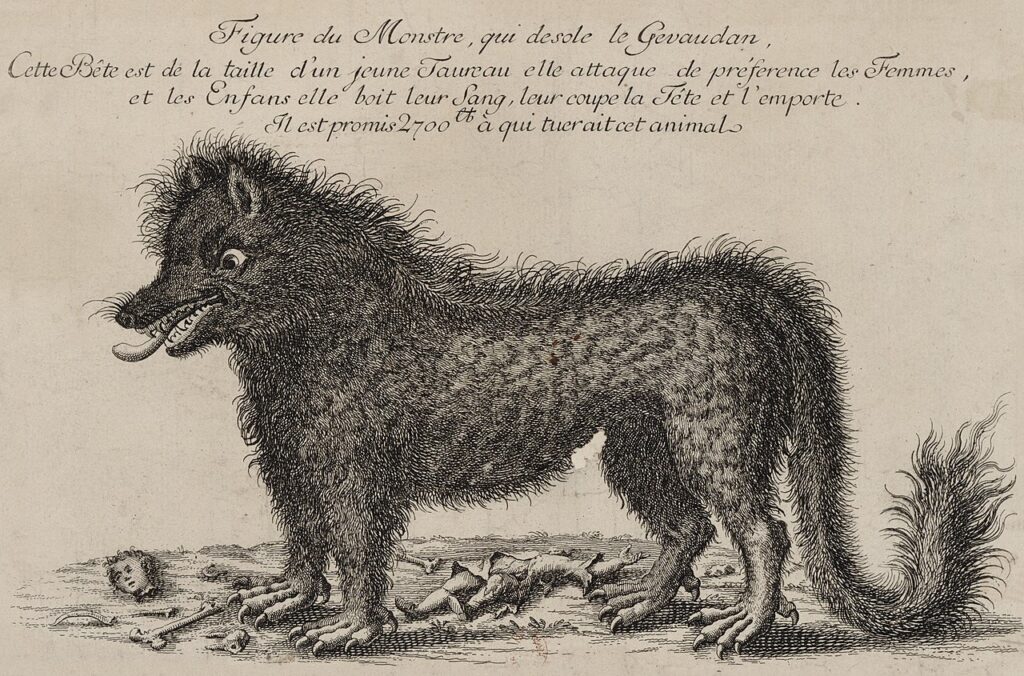 Жеводанский зверь. Гравюра, изображающая Жеводанского зверя с объявлением о награде за его голову (1765)